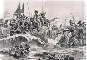 El desembarco de las tropas británicas en la bahía de Aboukir, ilustración de 
